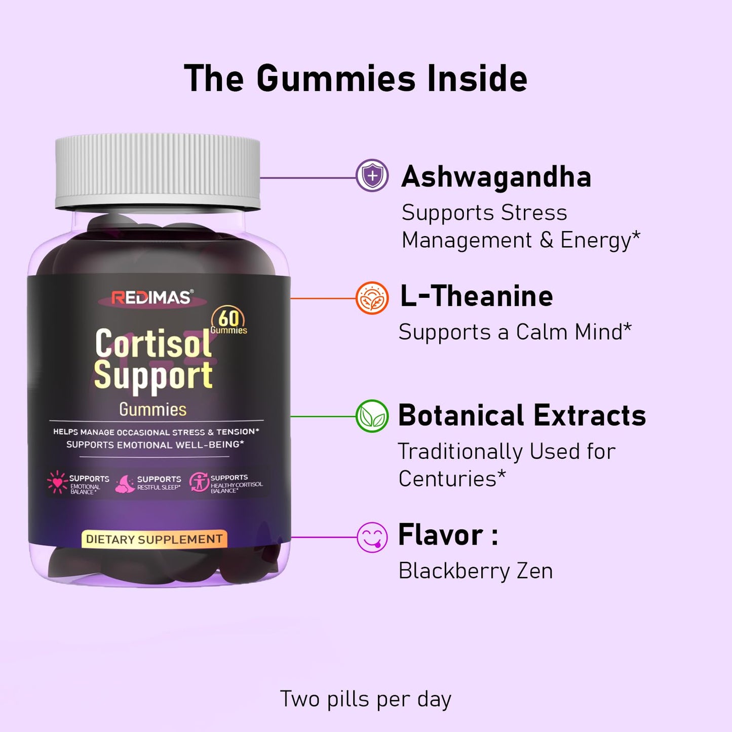 Redimas Cortisol Gummies for Women & Men with Ashwagandha, Magnesium, L-Theanine and Multivitamin, Vegan Chewable Gummies for Daily Lifestyle Balance, Convenient Adult Supplement, 60 Count - Maple Wellness Supplements