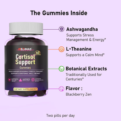 Redimas Cortisol Gummies for Women & Men with Ashwagandha, Magnesium, L-Theanine and Multivitamin, Vegan Chewable Gummies for Daily Lifestyle Balance, Convenient Adult Supplement, 60 Count - Maple Wellness Supplements