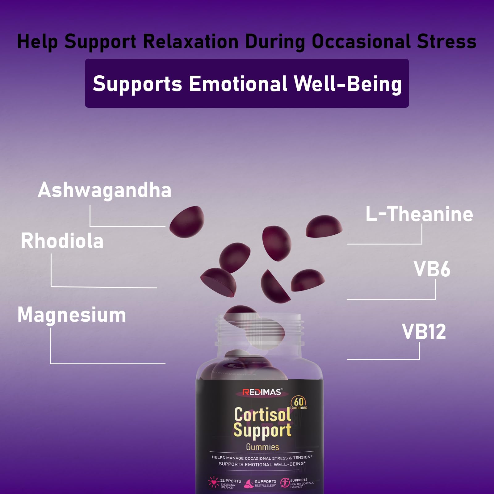 Redimas Cortisol Gummies for Women & Men with Ashwagandha, Magnesium, L-Theanine and Multivitamin, Vegan Chewable Gummies for Daily Lifestyle Balance, Convenient Adult Supplement, 60 Count - Maple Wellness Supplements