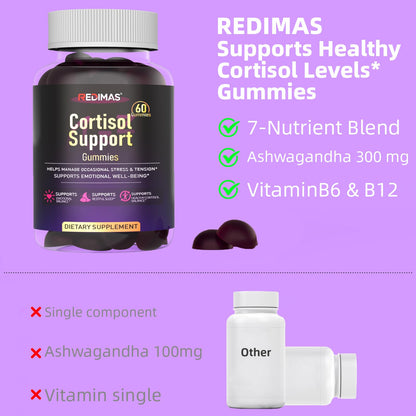 Redimas Cortisol Gummies for Women & Men with Ashwagandha, Magnesium, L-Theanine and Multivitamin, Vegan Chewable Gummies for Daily Lifestyle Balance, Convenient Adult Supplement, 60 Count - Maple Wellness Supplements