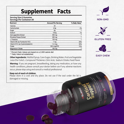 Redimas Cortisol Gummies for Women & Men with Ashwagandha, Magnesium, L-Theanine and Multivitamin, Vegan Chewable Gummies for Daily Lifestyle Balance, Convenient Adult Supplement, 60 Count - Maple Wellness Supplements