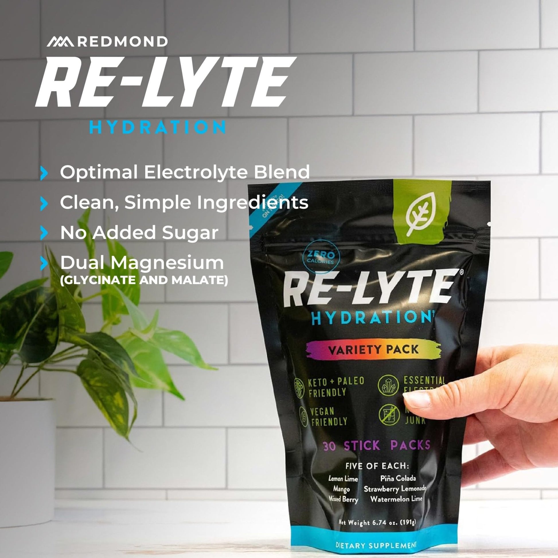 REDMOND Re-Lyte Hydration Electrolyte Powder Mix, Variety Pack, 30 Stick Packs - Maple Wellness Supplements