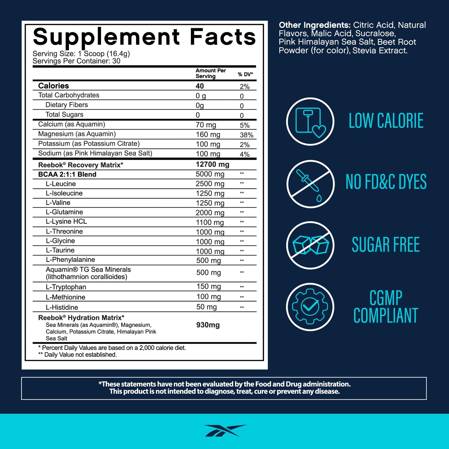 Reebok REEcover Amino Acids + Electrolytes | 8g EAAs, 5g BCAAs, Hydration Matrix | Muscle Recovery, Strength | Post-Workout Support - Maple Wellness Supplements