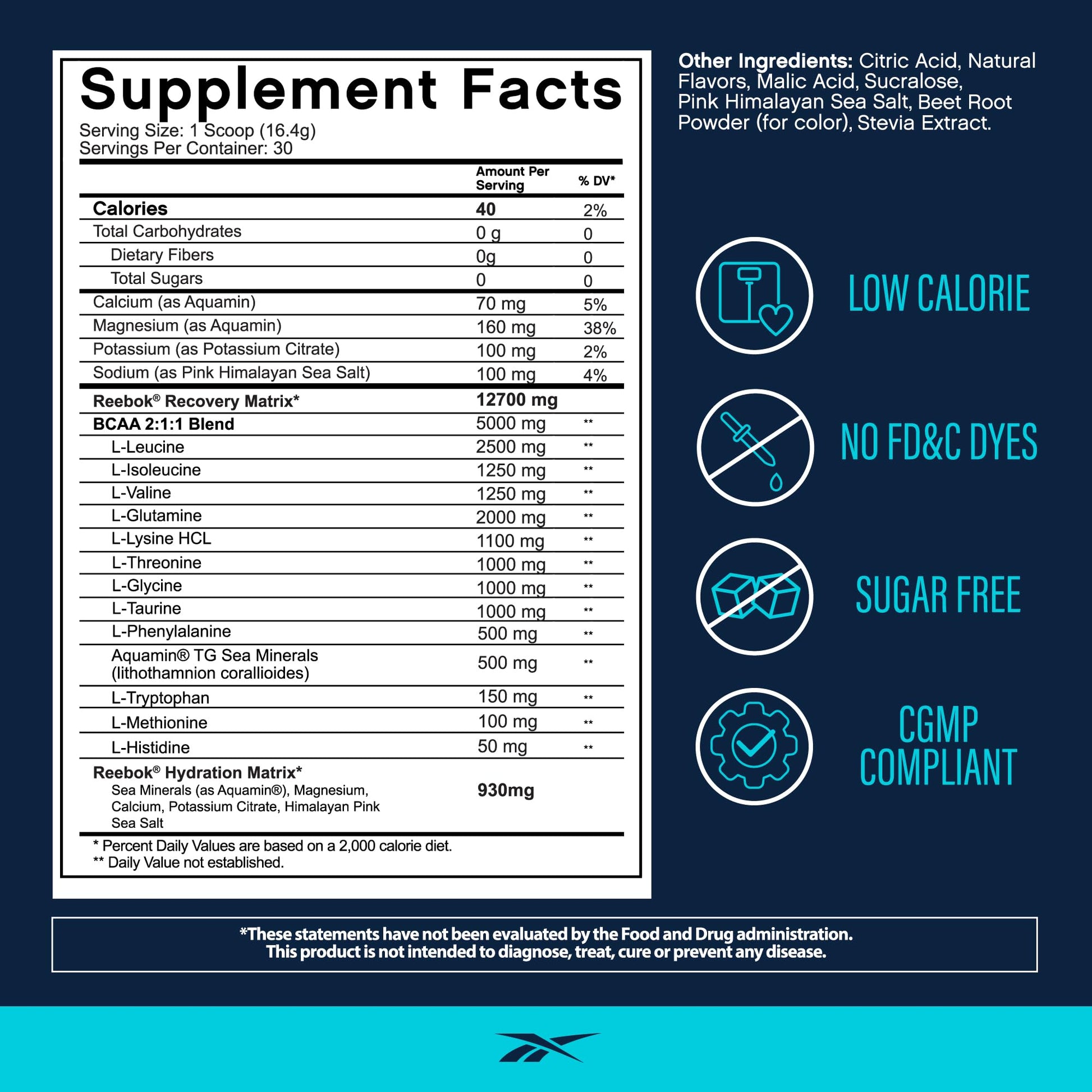 Reebok REEcover Amino Acids + Electrolytes | 8g EAAs, 5g BCAAs, Hydration Matrix | Muscle Recovery, Strength | Post-Workout Support - Maple Wellness Supplements