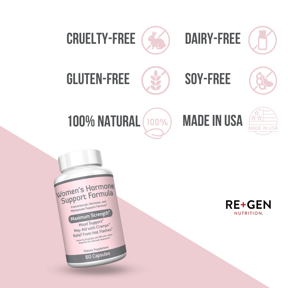 Re+Gen Nutrition Women's Hormone Balance Support, Supplement with Vitamin E, Dong Quai, and DIM 200mg with BioPerine, PMS, Hot Flashes, Mood Swings, Night Sweats Support, 60 Capsules, 2 Month Supply - Maple Wellness Supplements