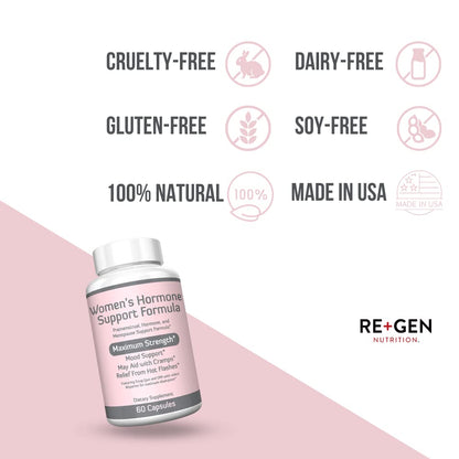 Re+Gen Nutrition Women's Hormone Balance Support, Supplement with Vitamin E, Dong Quai, and DIM 200mg with BioPerine, PMS, Hot Flashes, Mood Swings, Night Sweats Support, 60 Capsules, 2 Month Supply - Maple Wellness Supplements