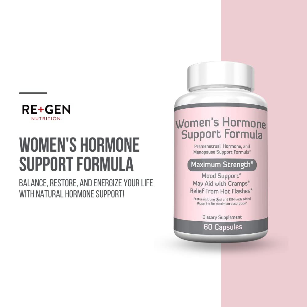 Re+Gen Nutrition Women's Hormone Balance Support, Supplement with Vitamin E, Dong Quai, and DIM 200mg with BioPerine, PMS, Hot Flashes, Mood Swings, Night Sweats Support, 60 Capsules, 2 Month Supply - Maple Wellness Supplements