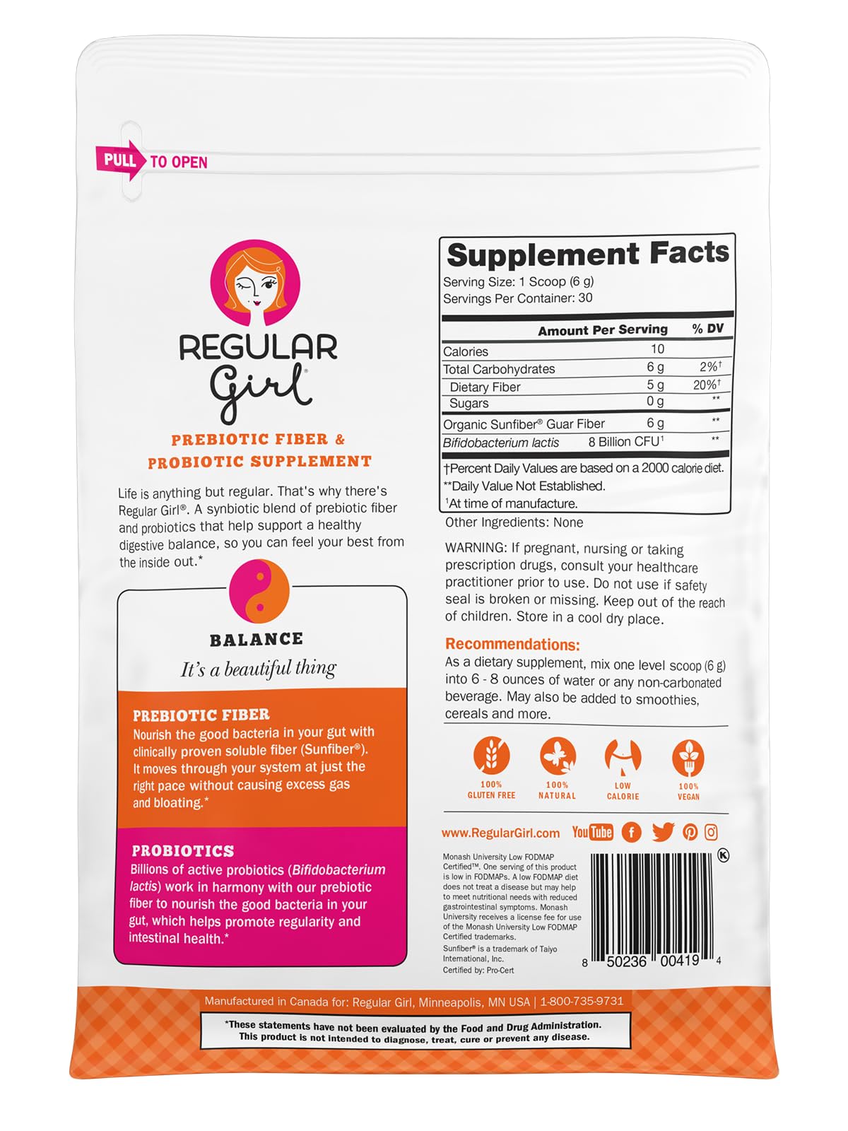 Regular Girl Organic Powder, Prebiotic Fiber Supplement and Probiotics for Women, Low FODMAP, 30 Servings, Unflavored - Maple Wellness Supplements