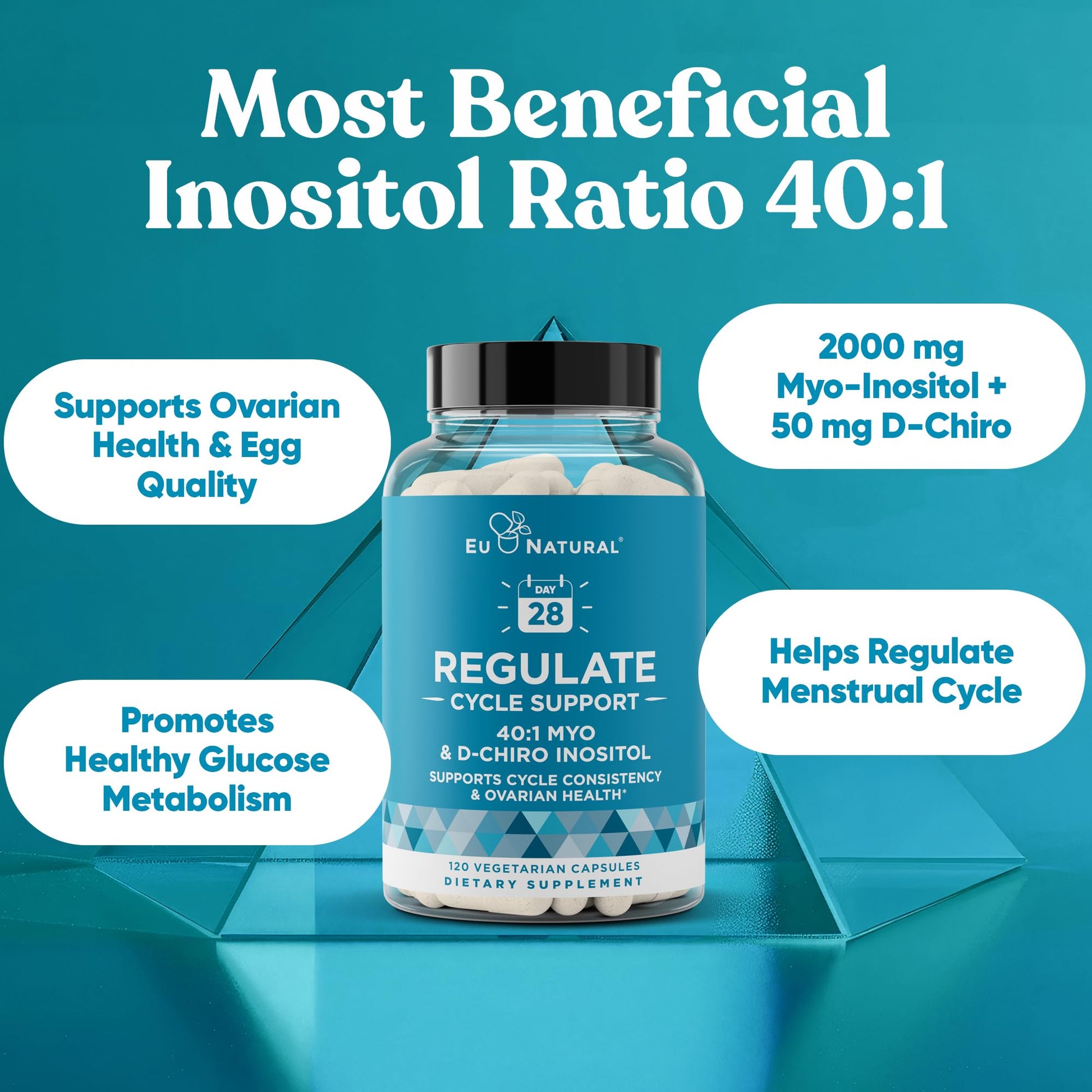 Regulate Cycle Support – Hormone Balance for Women at Optimal 40:1 Myo-Inositol 2000 mg & D-Chiro Inositol 50 mg – Supplement for Period Consistency, Menstrual & Ovulation Support – 120 Vegan Capsules - Maple Wellness Supplements