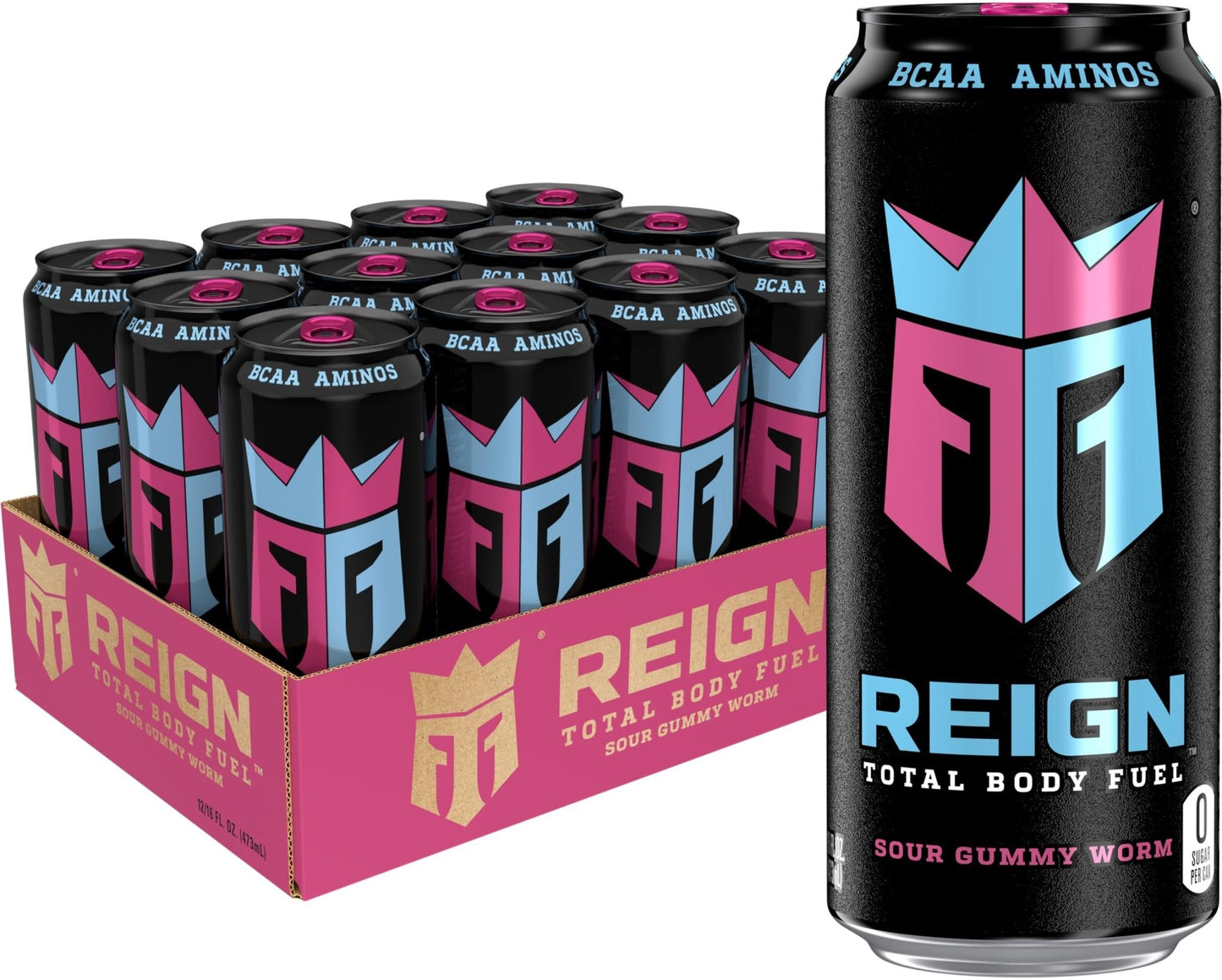 Reign Total Body Fuel, Sour Gummy Worm, Fitness & Performance Drink, 16 Fl Oz (Pack of 12) - Maple Wellness Supplements