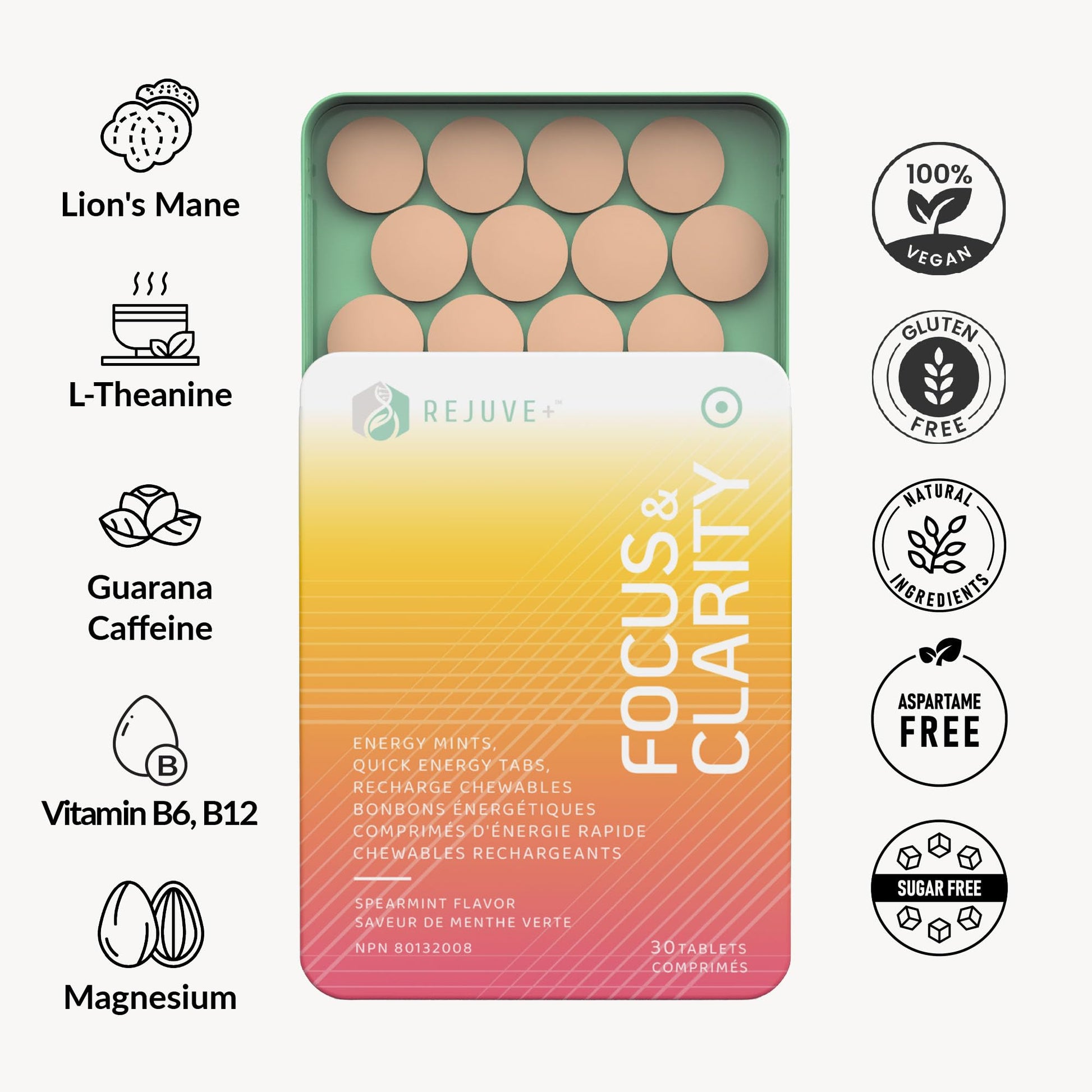 REJUVE+ Focus & Clarity Nootropic Supplement – Brian Boost | L-Theanine, Caffeine, Lion’s Mane, Magnesium, Vitamin B6 & B12 | Brain Support, Memory, Focus & Energy | Mint Flavor (30 Chewables) (1) - Maple Wellness Supplements
