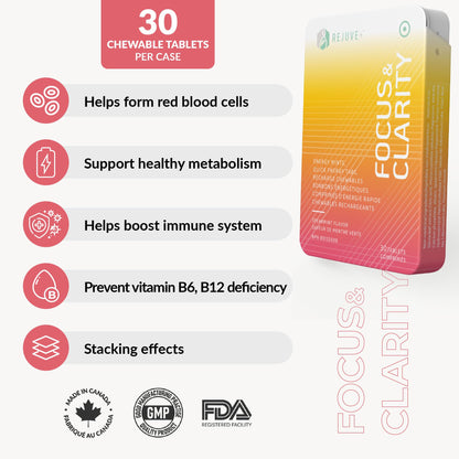 REJUVE+ Focus & Clarity Nootropic Supplement – Brian Boost | L-Theanine, Caffeine, Lion’s Mane, Magnesium, Vitamin B6 & B12 | Brain Support, Memory, Focus & Energy | Mint Flavor (30 Chewables) (1) - Maple Wellness Supplements