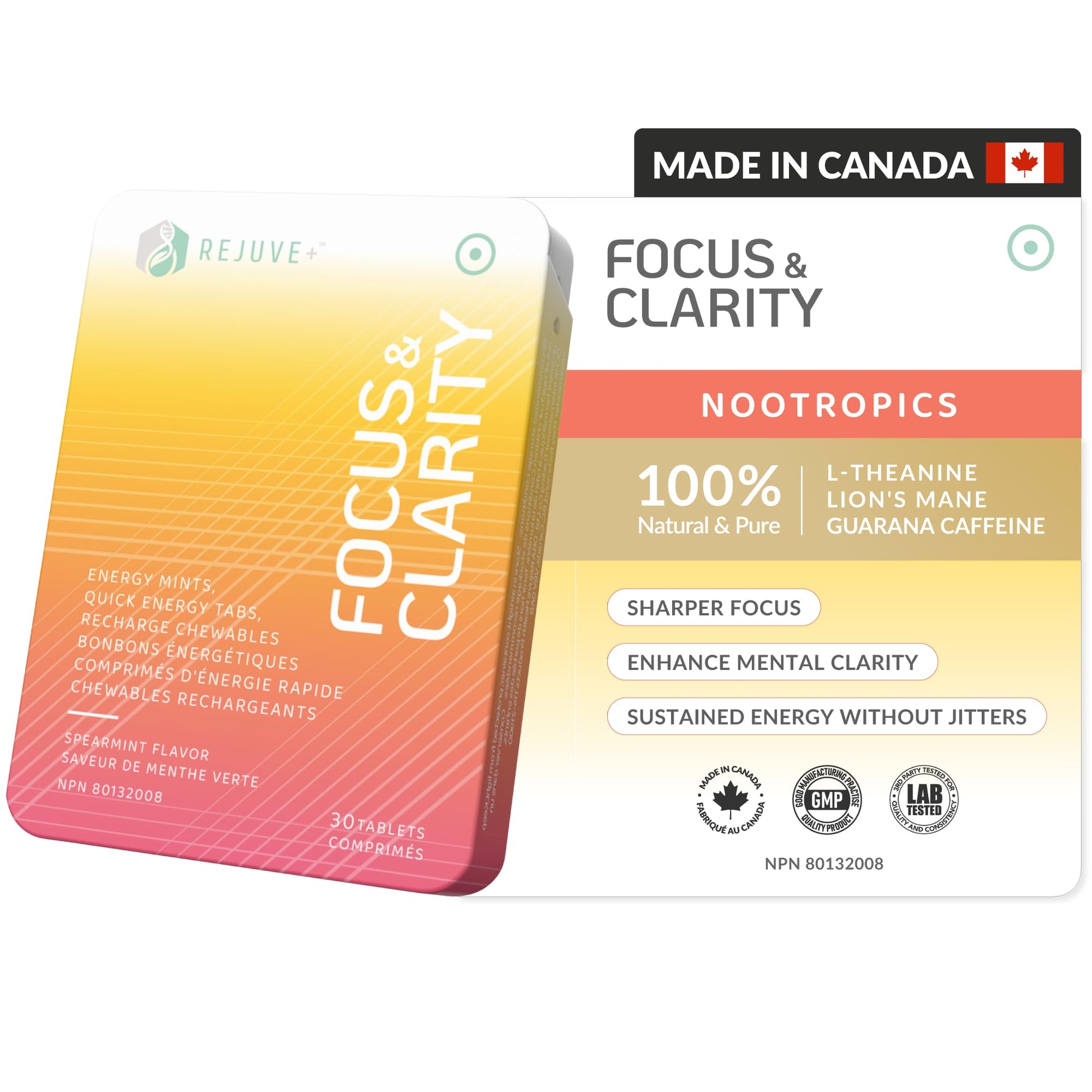 REJUVE+ Focus & Clarity Nootropic Supplement – Brian Boost | L-Theanine, Caffeine, Lion’s Mane, Magnesium, Vitamin B6 & B12 | Brain Support, Memory, Focus & Energy | Mint Flavor (30 Chewables) (1) - Maple Wellness Supplements