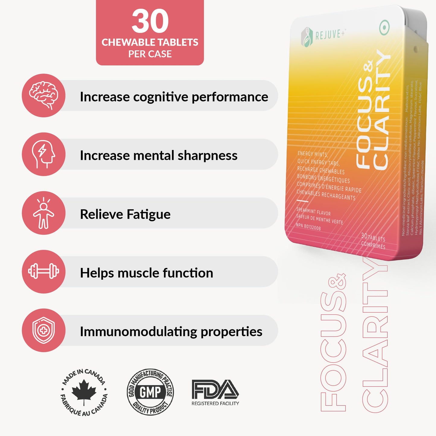REJUVE+ Focus & Clarity Nootropic Supplement – Brian Boost | L-Theanine, Caffeine, Lion’s Mane, Magnesium, Vitamin B6 & B12 | Brain Support, Memory, Focus & Energy | Mint Flavor (30 Chewables) (1) - Maple Wellness Supplements