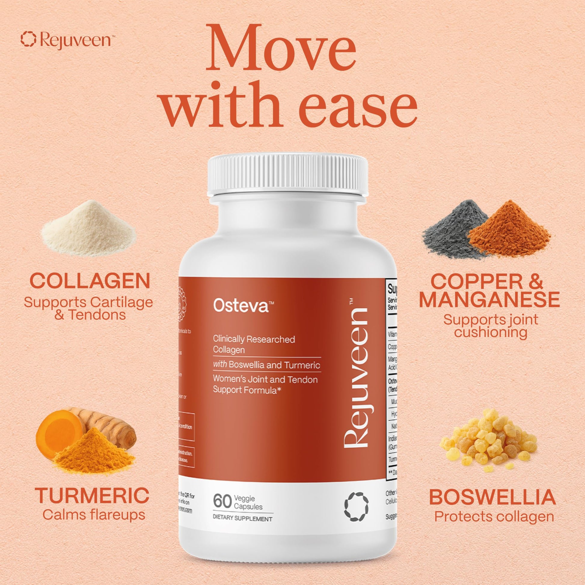 Rejuveen Osteva Joint Support Supplement for Women | High Potency Collagen, Turmeric, Boswellia | for Flexible Cartilage & Tendons, - Maple Wellness Supplements