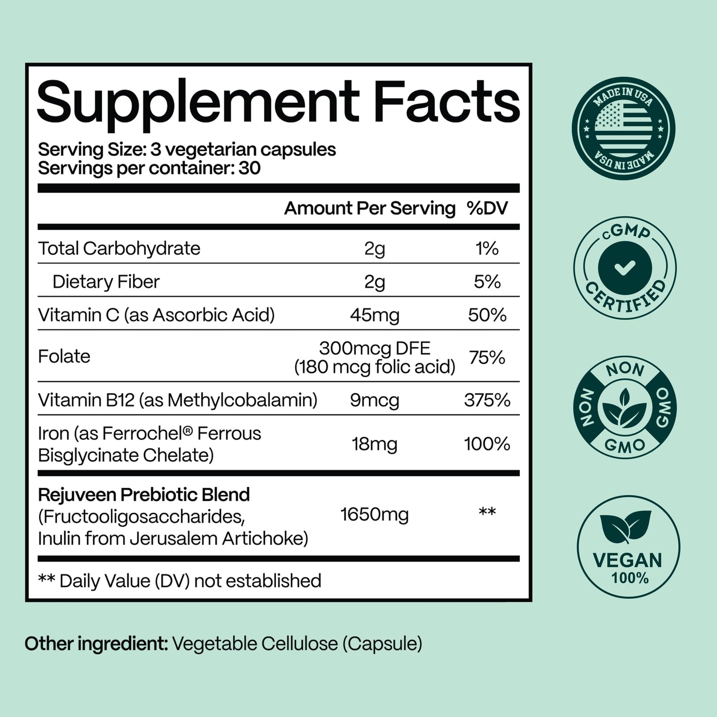 Rejuveen Previtalean | Prebiotic Fiber Supplement for Women | Supports Gut Health & Red Blood Cell Production | Contains Highly Bioavailable Iron - Maple Wellness Supplements