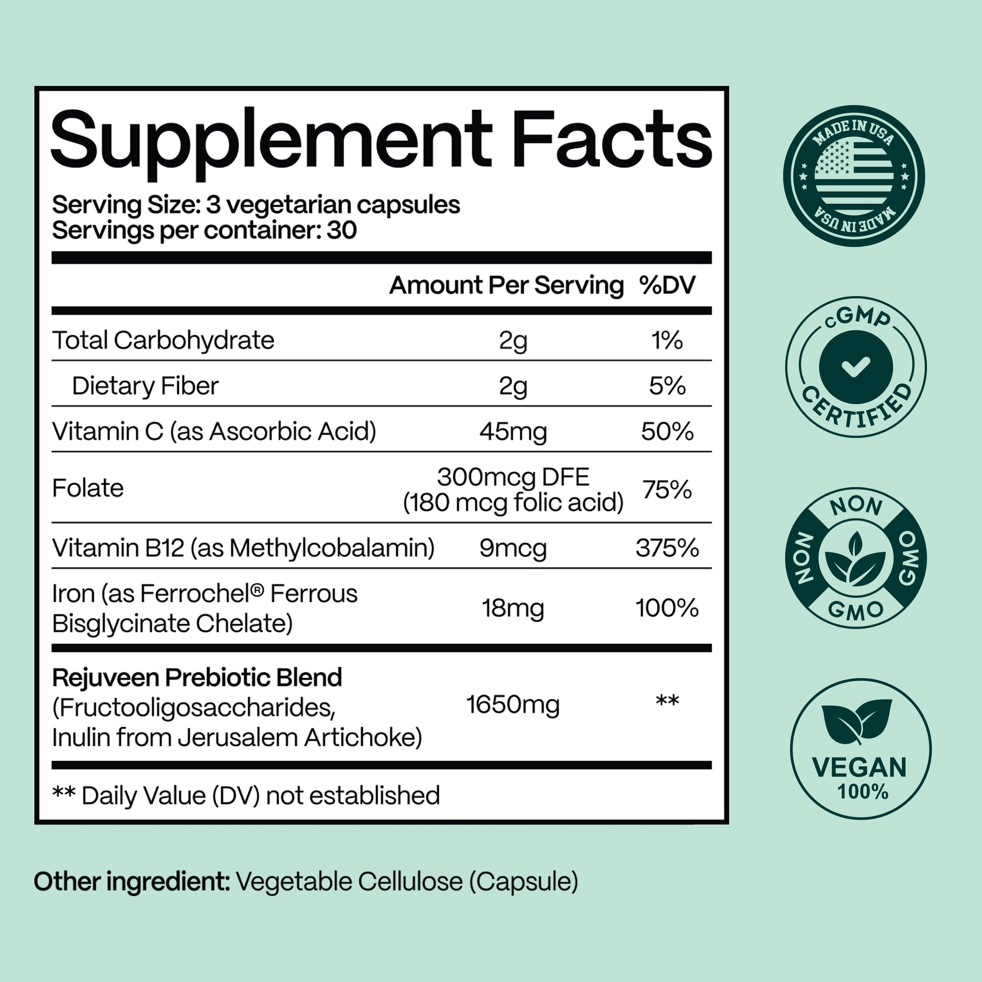 Rejuveen Previtalean | Prebiotic Fiber Supplement for Women | Supports Gut Health & Red Blood Cell Production | Contains Highly Bioavailable Iron - Maple Wellness Supplements
