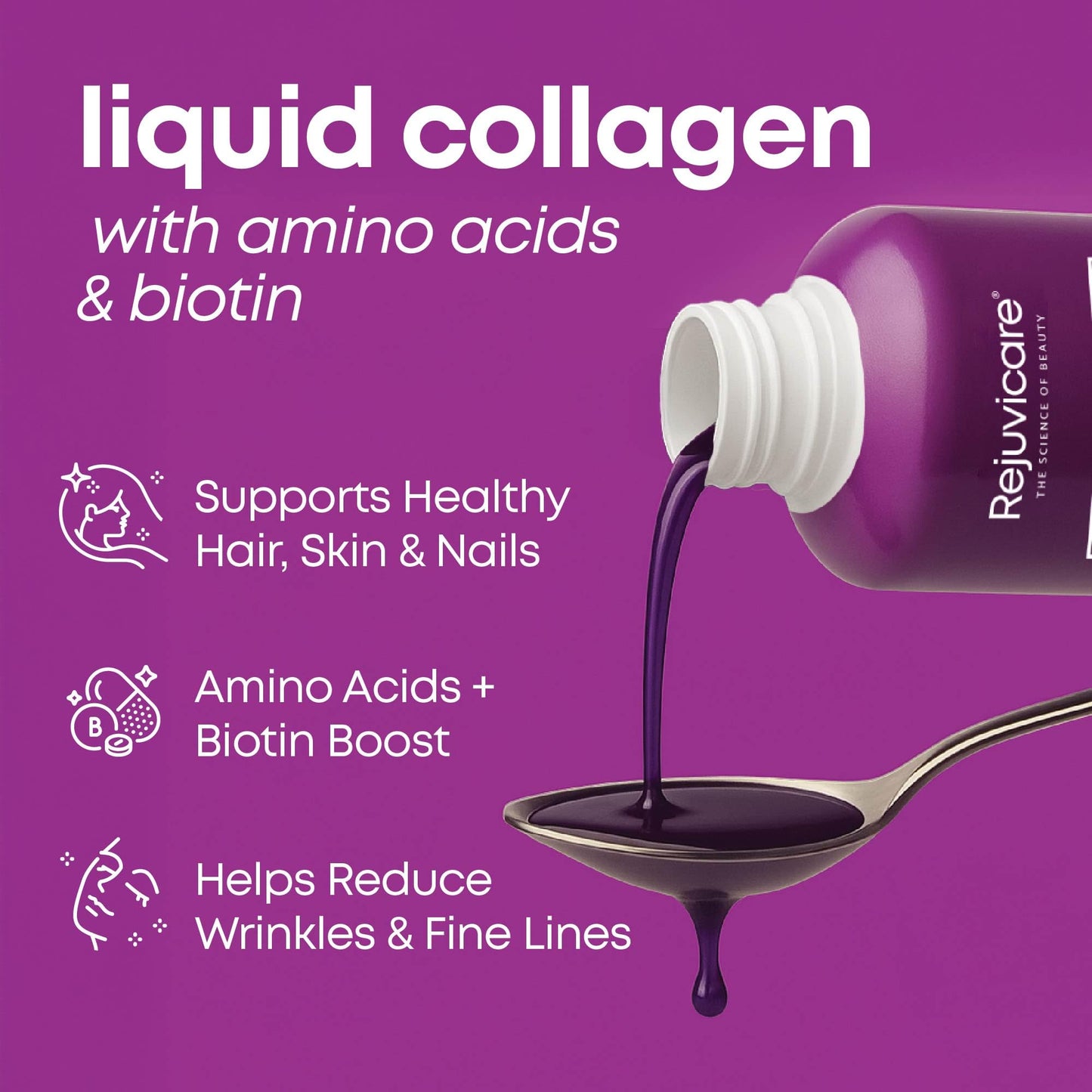 Rejuvicare Liquid Collagen Beauty Formula with Amino Acids, Protein and Biotin, Delicious Grape Flavor, Purple 16 oz ,32 servings - Maple Wellness Supplements
