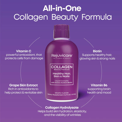 Rejuvicare Liquid Collagen Beauty Formula with Amino Acids, Protein and Biotin, Delicious Grape Flavor, Purple 16 oz ,32 servings - Maple Wellness Supplements