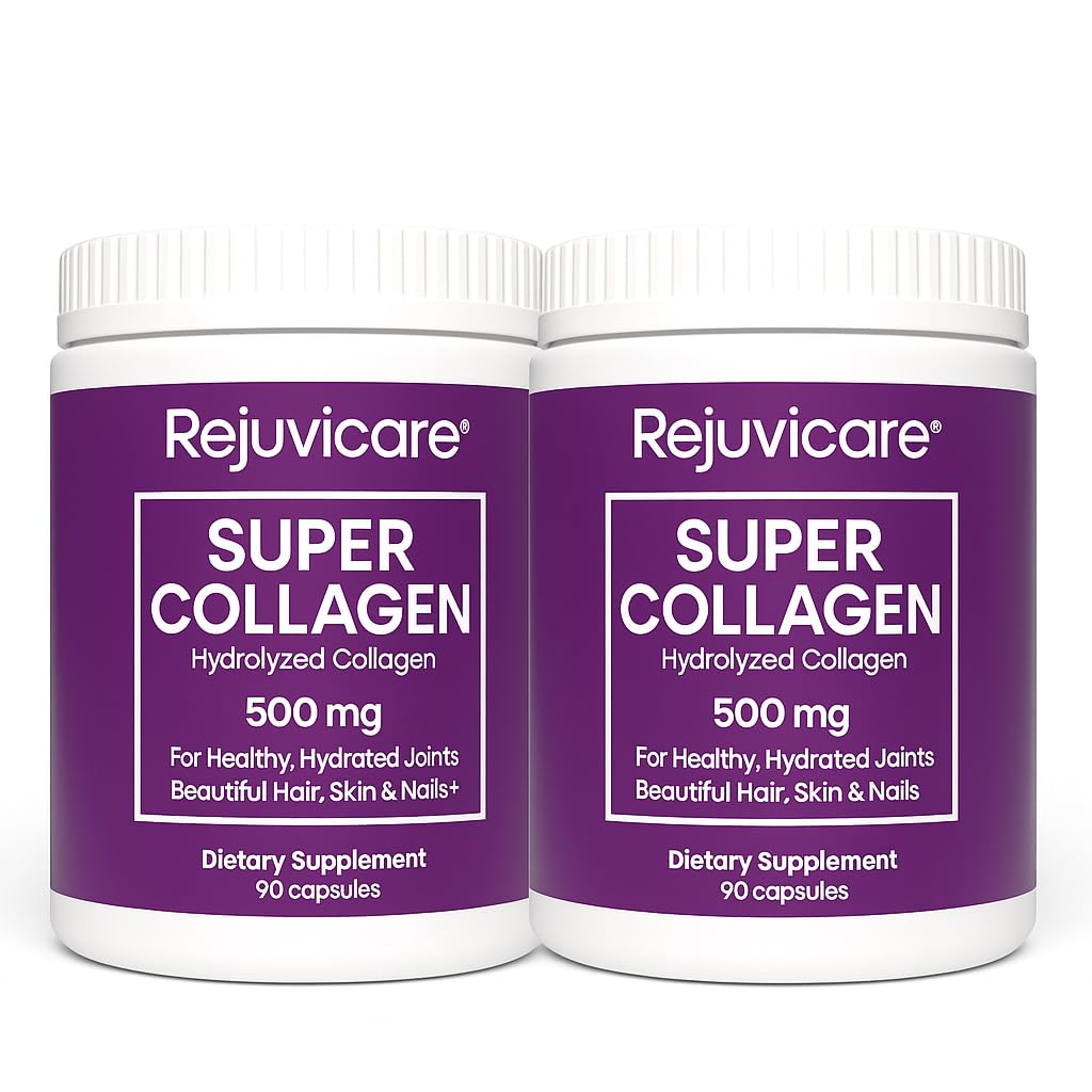 Rejuvicare Super Collagen 500 mg, Hydrolyzed Collagen Peptides for Hair, Skin & Nails, Beauty & Wellness Supplement, Supports Healthy Hydration & Elasticity, 180 Capsules, 2 Pack Value - Maple Wellness Supplements