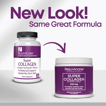 Rejuvicare Super Collagen 500 mg, Hydrolyzed Collagen Peptides for Hair, Skin & Nails, Beauty & Wellness Supplement, Supports Healthy Hydration & Elasticity, 180 Capsules, 2 Pack Value - Maple Wellness Supplements