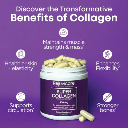 Rejuvicare Super Collagen Capsules for Beauty, Healthy Joints, Hair, Skin, & Nails, 90 Servings, Multi, (N8745) - Maple Wellness Supplements