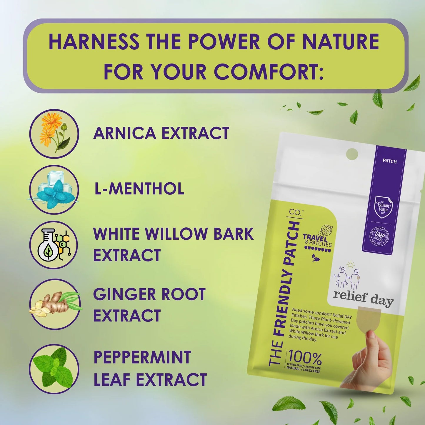 Relief Day Patch - Arnica, White Willow Bark, Saffron & Peppermint for Soreness and discomfort for Women and Men - Maple Wellness Supplements