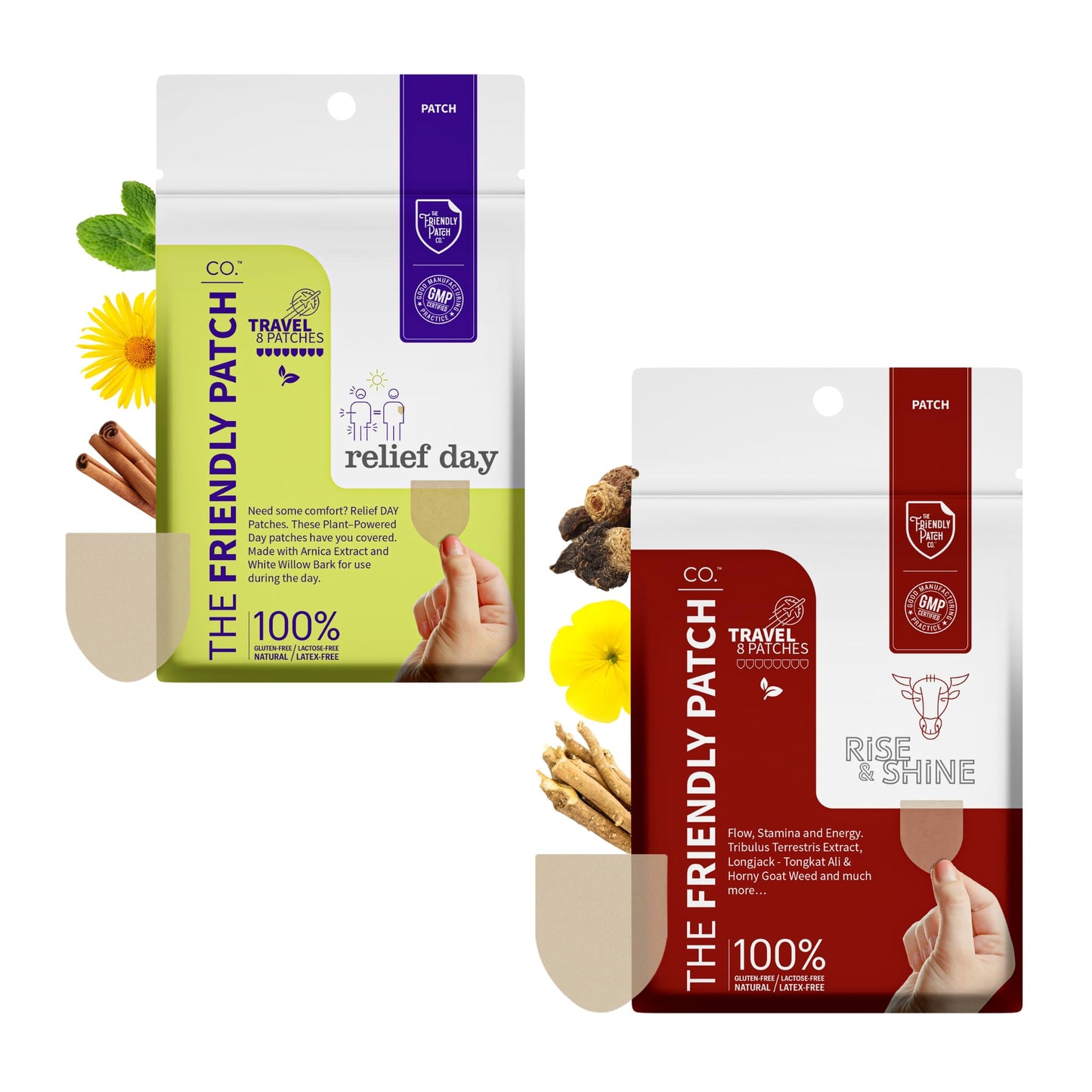 Relief Day & Rise & Shine Patch Bundle - Arnica, White Willow Bark, Tongkat Ali, Horny Goat Weed, Saffron & Peppermint for Soreness, Strength, and Performance Support - 16 Plant-Powered Patches for Me - Maple Wellness Supplements