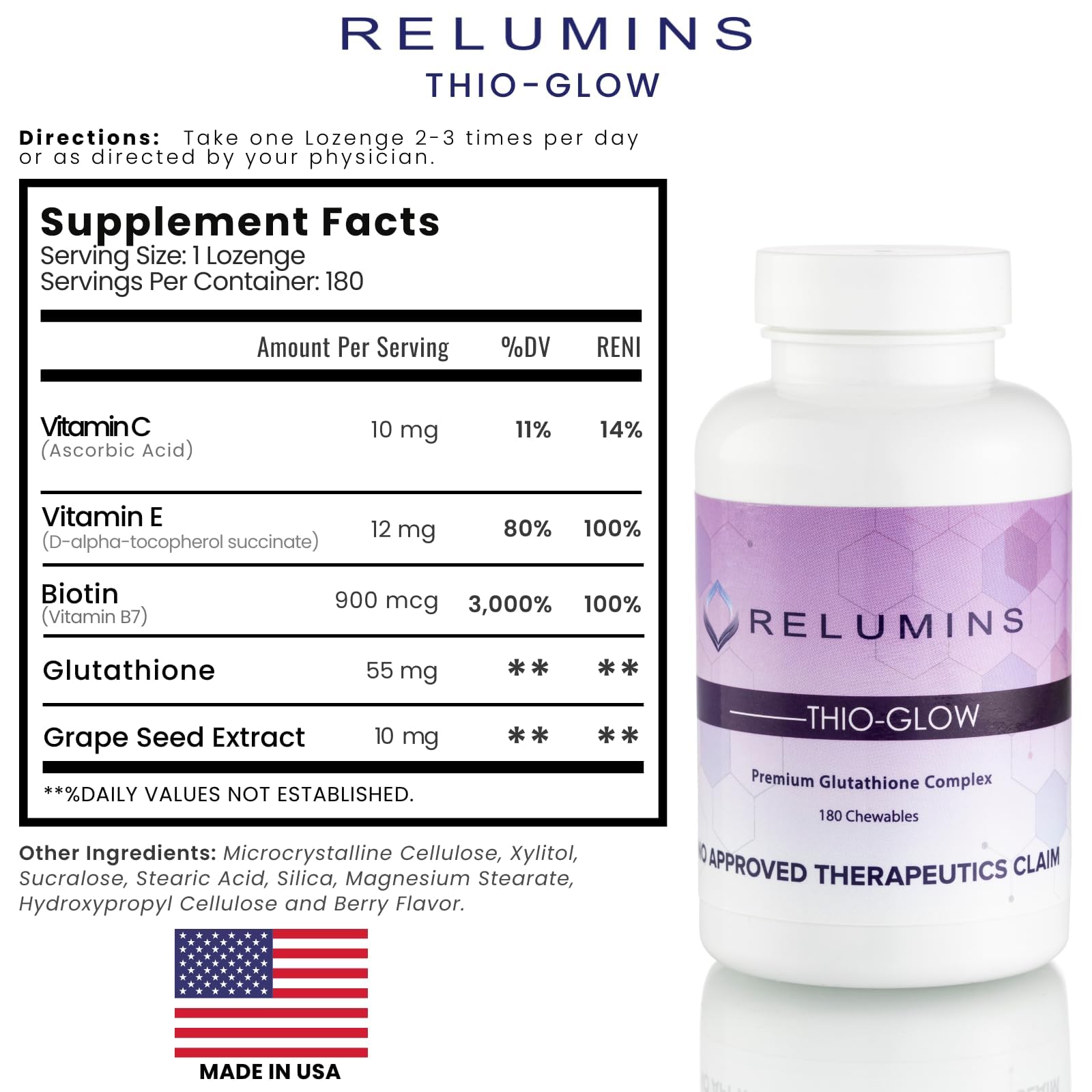 Relumins Thio-Glow Chewable Sublingual Glutathione Complex with Biotin, VIT C & E, Plus Grapeseed Polyphenols – 330mg Gluta Per Serving – 4X Effective, Ultimate Wellness Gift for Moms x 3 Bots - Maple Wellness Supplements