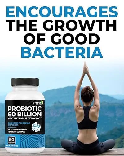 Renew Actives Probiotic Supplement for Digestive Health 60 Billion CFU per 2 Capsules - Advanced Formula with Prebiotic Benefits - Supports Gut Flora Balance & Wellness - Made in Canada - 60 Capsules - Maple Wellness Supplements