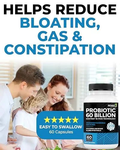 Renew Actives Probiotic Supplement for Digestive Health 60 Billion CFU per 2 Capsules - Advanced Formula with Prebiotic Benefits - Supports Gut Flora Balance & Wellness - Made in Canada - 60 Capsules - Maple Wellness Supplements