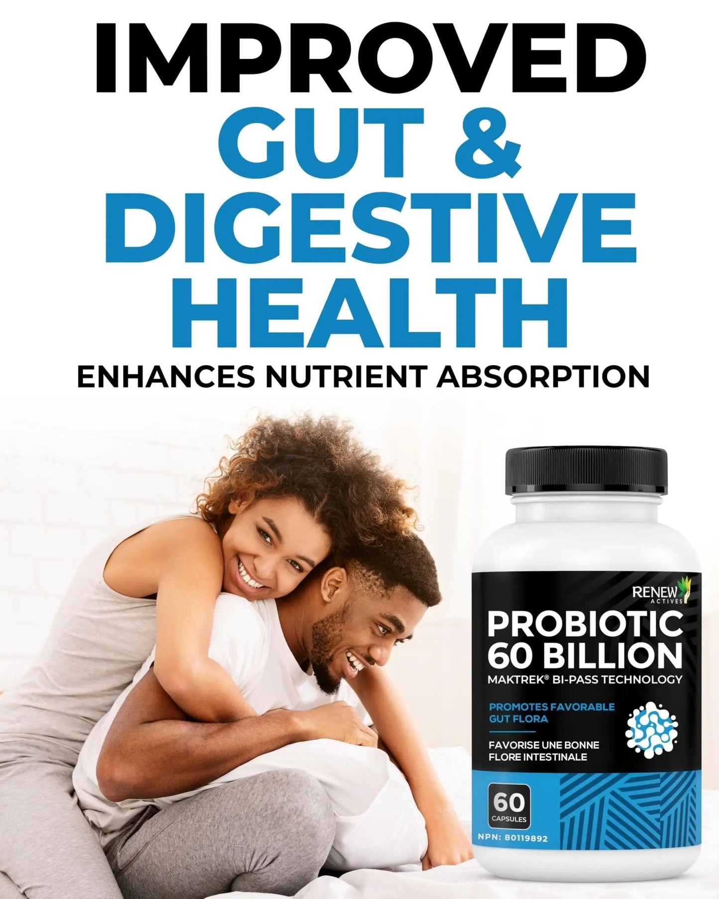 Renew Actives Probiotic Supplement for Digestive Health 60 Billion CFU per 2 Capsules - Advanced Formula with Prebiotic Benefits - Supports Gut Flora Balance & Wellness - Made in Canada - 60 Capsules - Maple Wellness Supplements