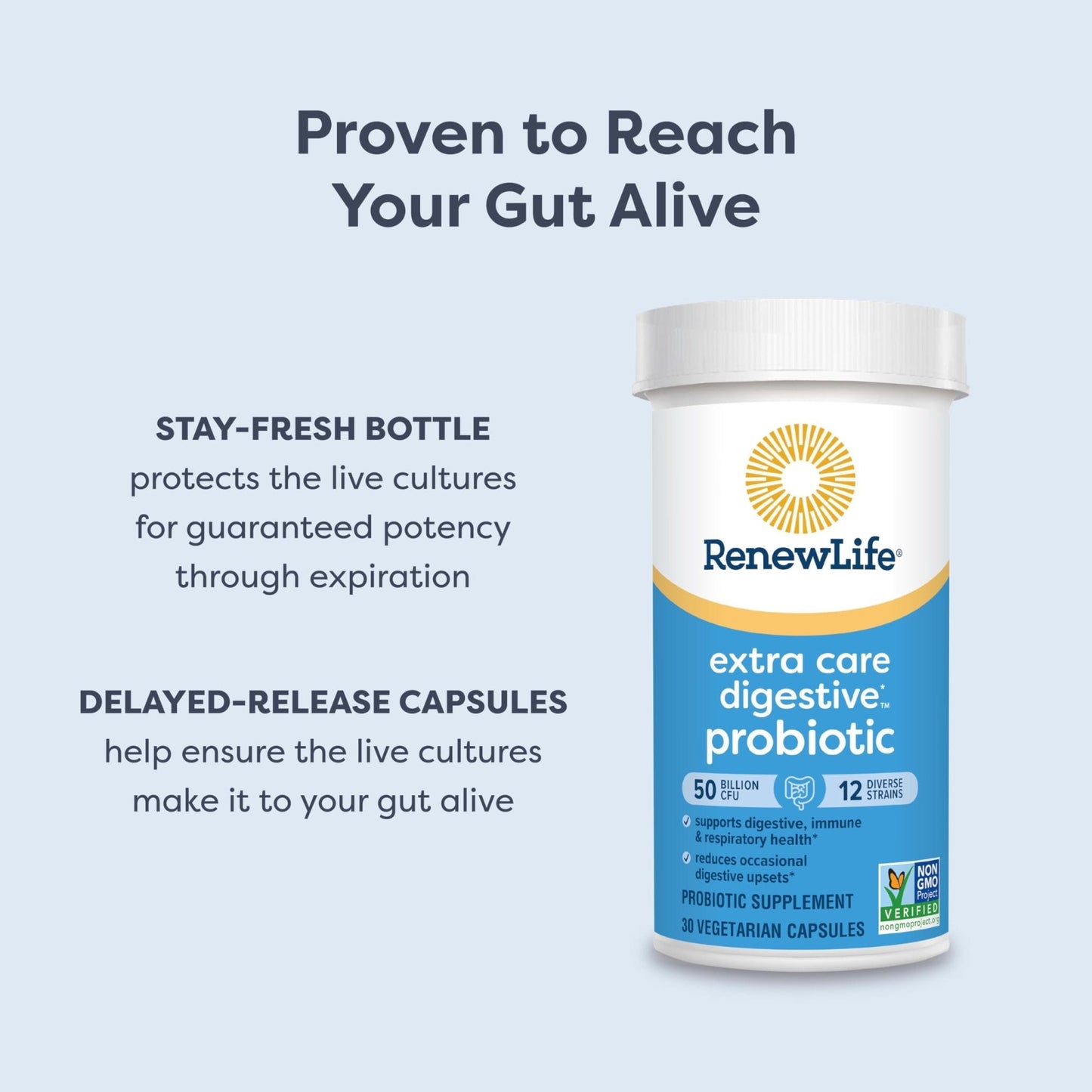 Renew Life Extra Care Digestive Probiotic Capsules, 50 Billion CFU Guaranteed, Daily Supplement Supports Immune, Digestive, Respiratory Health(1), L. Rhamnosus GG - Maple Wellness Supplements