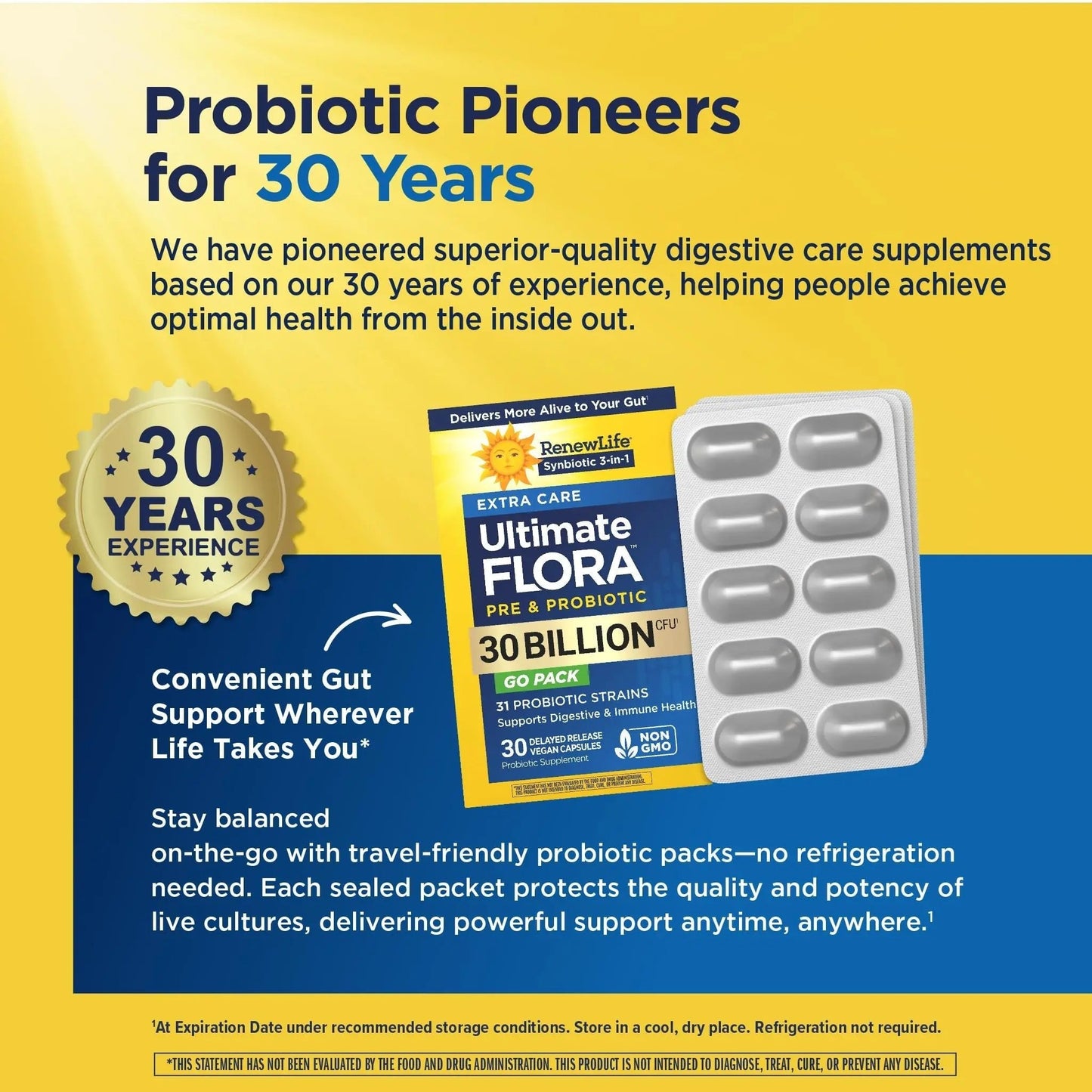 Renew Life Extra Care Go-Pack Probiotic Capsules, Daily Supplement Supports Immune, Digestive and Respiratory Health, L. Rhamnosus GG, Dairy, Soy and gluten-free, 30 Billion CFU, 30 Ct - Maple Wellness Supplements