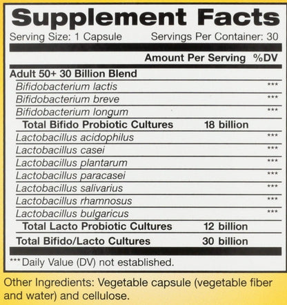 Renew Life Probiotic Adult 50 Plus Probiotic Capsules, Daily Supplement Supports Urinary, Digestive and Immune Health, L. Rhamnosus GG, Dairy, Soy and gluten-free, 30 Billion CFU, 30 Count - Maple Wellness Supplements