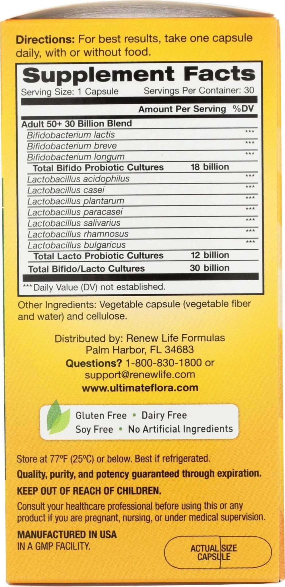 Renew Life Probiotic Adult 50 Plus Probiotic Capsules, Daily Supplement Supports Urinary, Digestive and Immune Health, L. Rhamnosus GG, Dairy, Soy and gluten-free, 30 Billion CFU, 30 Count - Maple Wellness Supplements