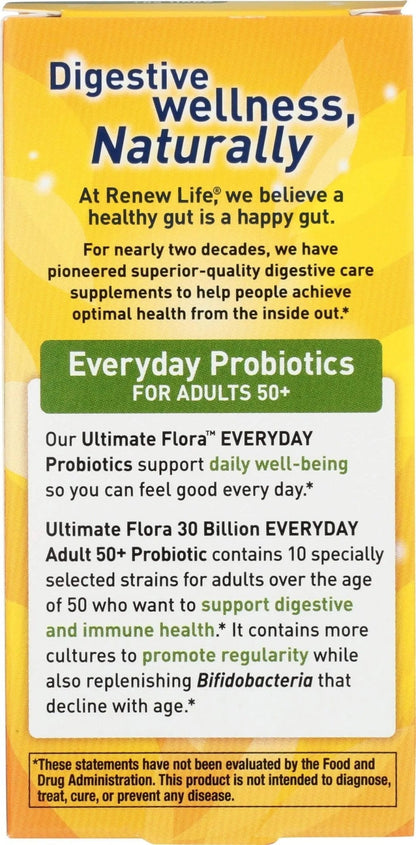 Renew Life Probiotic Adult 50 Plus Probiotic Capsules, Daily Supplement Supports Urinary, Digestive and Immune Health, L. Rhamnosus GG, Dairy, Soy and gluten-free, 30 Billion CFU, 30 Count - Maple Wellness Supplements