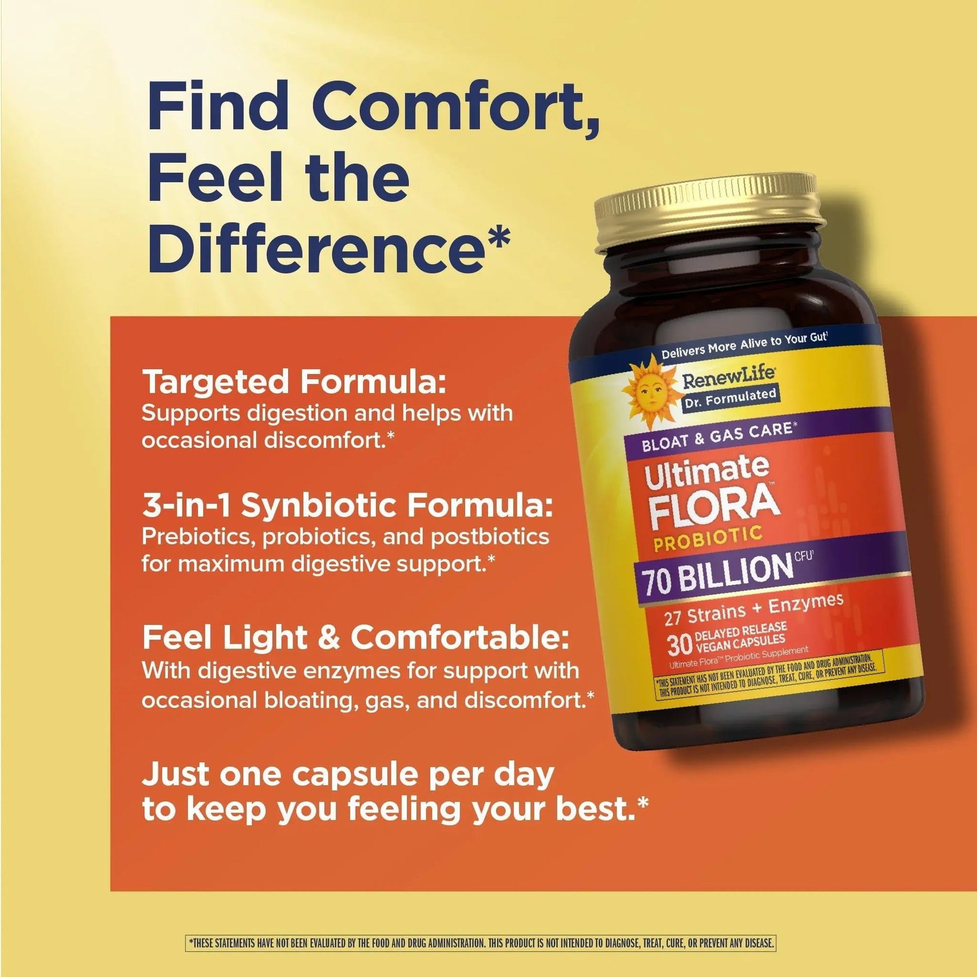 Renew Life Ultimate Flora Probiotics Bloat & Gas Support 70 Billion CFU Delayed Release Vegan Capsules | Doctor Formulated | Digestive Health | Immune Health | Dairy Free | 30 Count - Maple Wellness Supplements