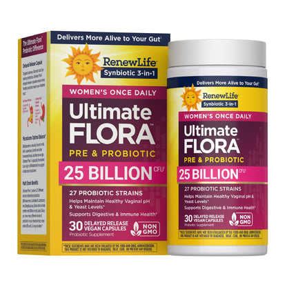 Renew Life Ultimate Flora Probiotics for Women with Prebiotics | 25 Billion CFU | 30 Delayed Release Capsules | 3 in 1 Synbiotic | Supports Digestive and Immune Health | Dairy, Soy and Gluten-Free - Maple Wellness Supplements