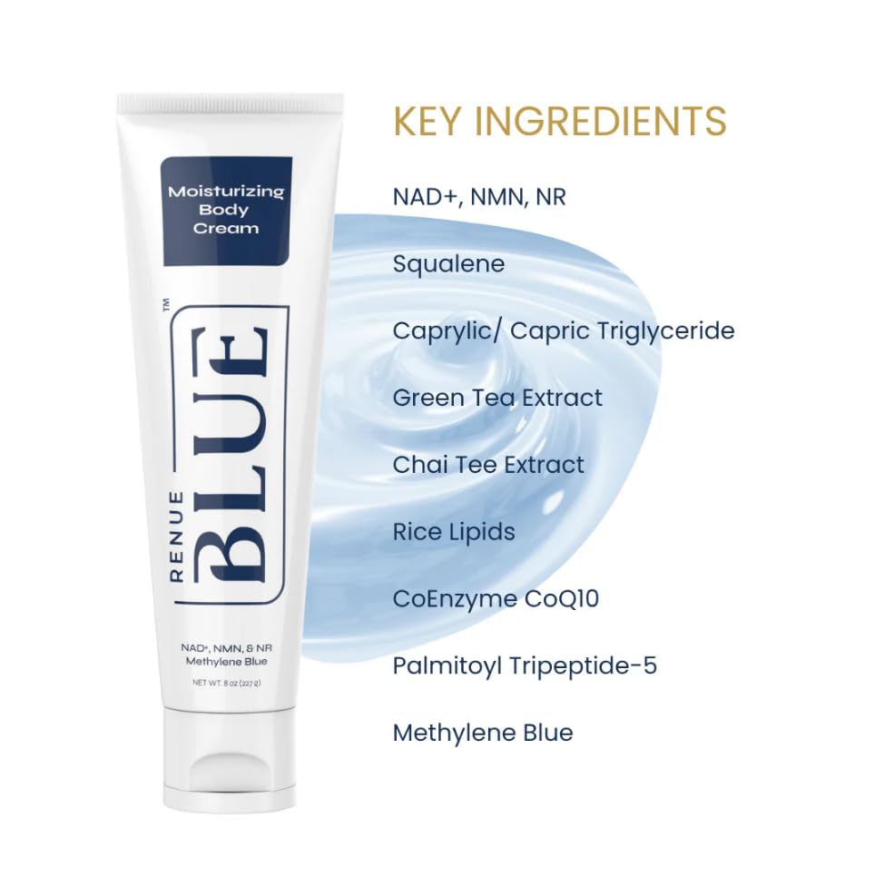 Renue Blue Methylene Blue Moisturizing Body Cream – Liposomal NAD+ Complex with Antioxidants, Peptides, and Botanical Extracts for Hydrated, Healthier‑Looking Skin - Maple Wellness Supplements