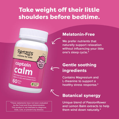 Renzo's Captain Calm Kids Magnesium Supplement with L-Theanine, Dissolvable Kids Vitamins for Relaxation and Mood Support, Sugar-Free Melty Tabs, - Maple Wellness Supplements