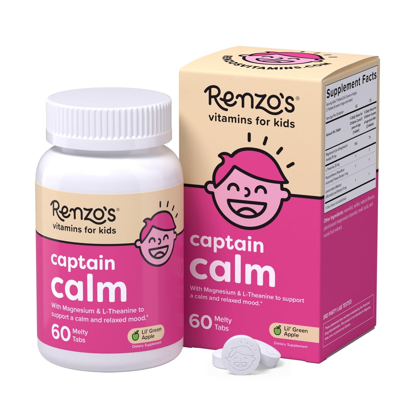 Renzo's Captain Calm Kids Magnesium Supplement with L-Theanine, Dissolvable Kids Vitamins for Relaxation and Mood Support, Sugar-Free Melty Tabs, - Maple Wellness Supplements