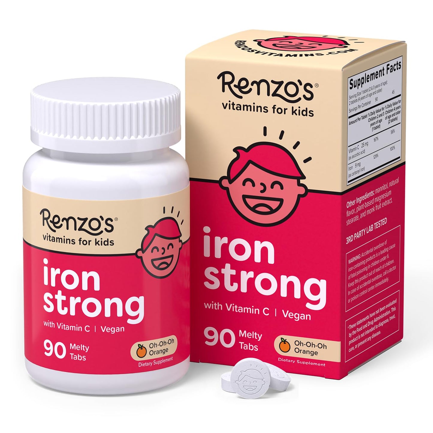 Renzo's Iron Supplements for Kids, Dissolvable Vegan Kids Iron Supplement with Vitamin C, Sugar-Free Melty Tabs - Maple Wellness Supplements