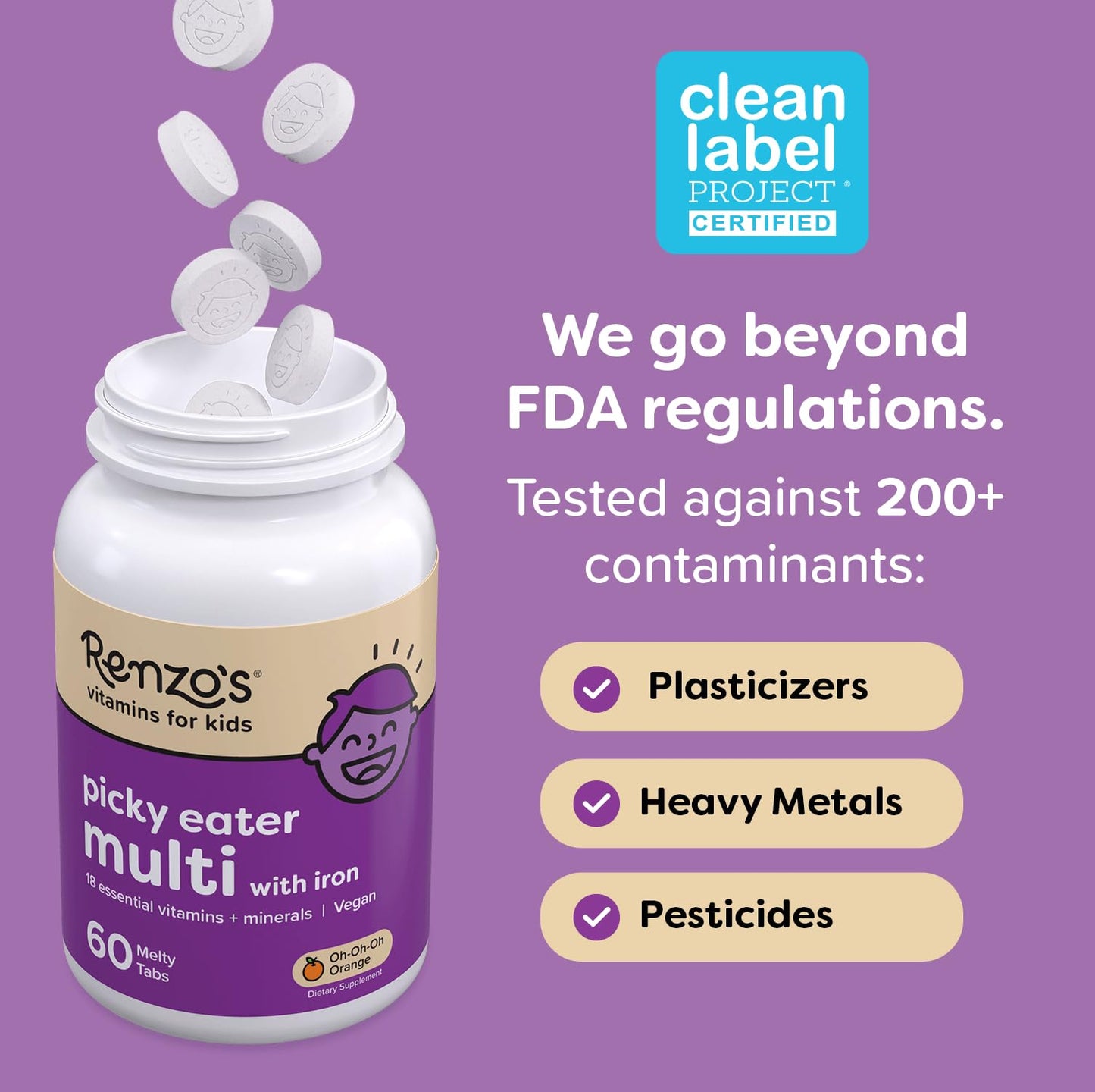 Renzo's Picky Eater Kids Multivitamin with Iron - Dissolvable Kids Vitamins with Iron, Zinc, Vitamin C, Vitamin D, E & K, Sugar-Free Melty Tabs, Cherry Flavor - Maple Wellness Supplements