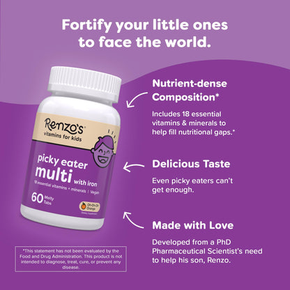 Renzo's Picky Eater Kids Multivitamin with Iron - Dissolvable Kids Vitamins with Iron, Zinc, Vitamin C, Vitamin D, E & K, Sugar-Free Melty Tabs, Orange Flavor - Maple Wellness Supplements