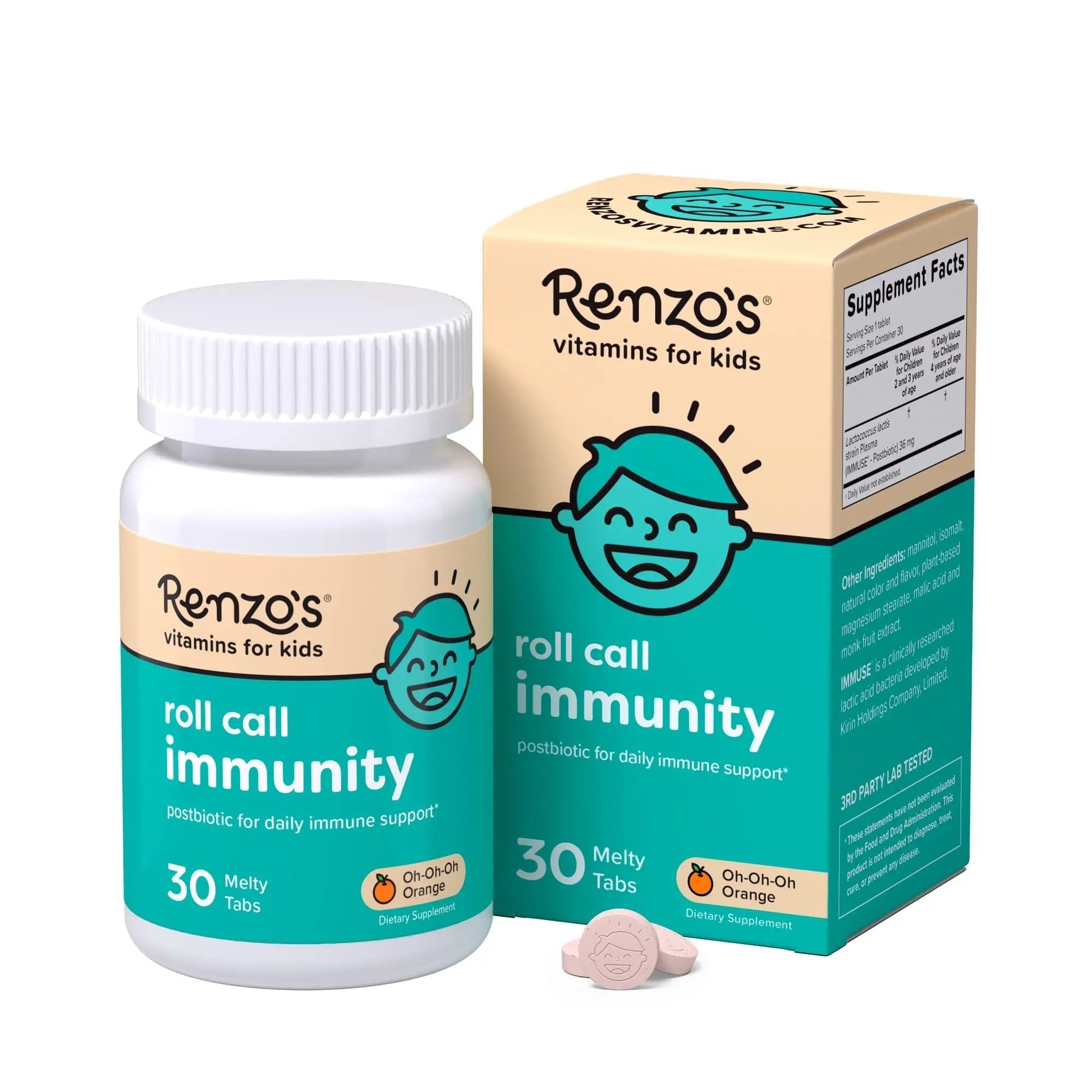 Renzo's Roll Call Immunity - Dissolvable Kids Immune Support Supplement with IMMUSE Postbiotic, Sugar-Free Kids Vitamins, 30 Orange-Flavored Melty Tabs - Maple Wellness Supplements