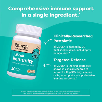 Renzo's Roll Call Immunity - Dissolvable Kids Immune Support Supplement with IMMUSE Postbiotic, Sugar-Free Kids Vitamins, 30 Orange-Flavored Melty Tabs - Maple Wellness Supplements