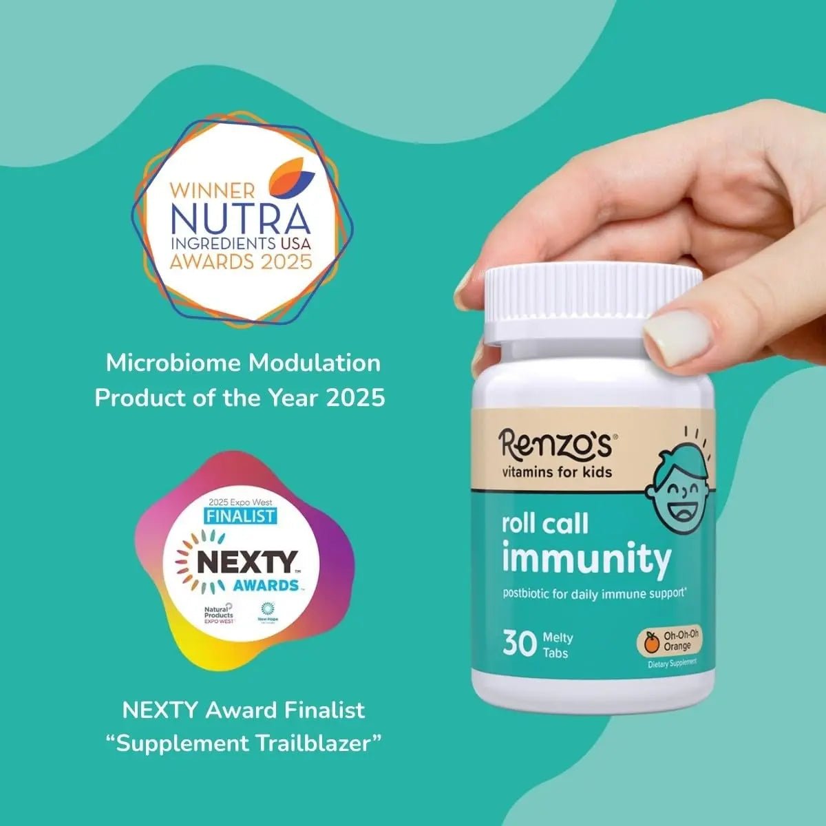 Renzo's Roll Call Immunity - Dissolvable Kids Immune Support Supplement with IMMUSE Postbiotic, Sugar-Free Kids Vitamins, 30 Orange-Flavored Melty Tabs - Maple Wellness Supplements
