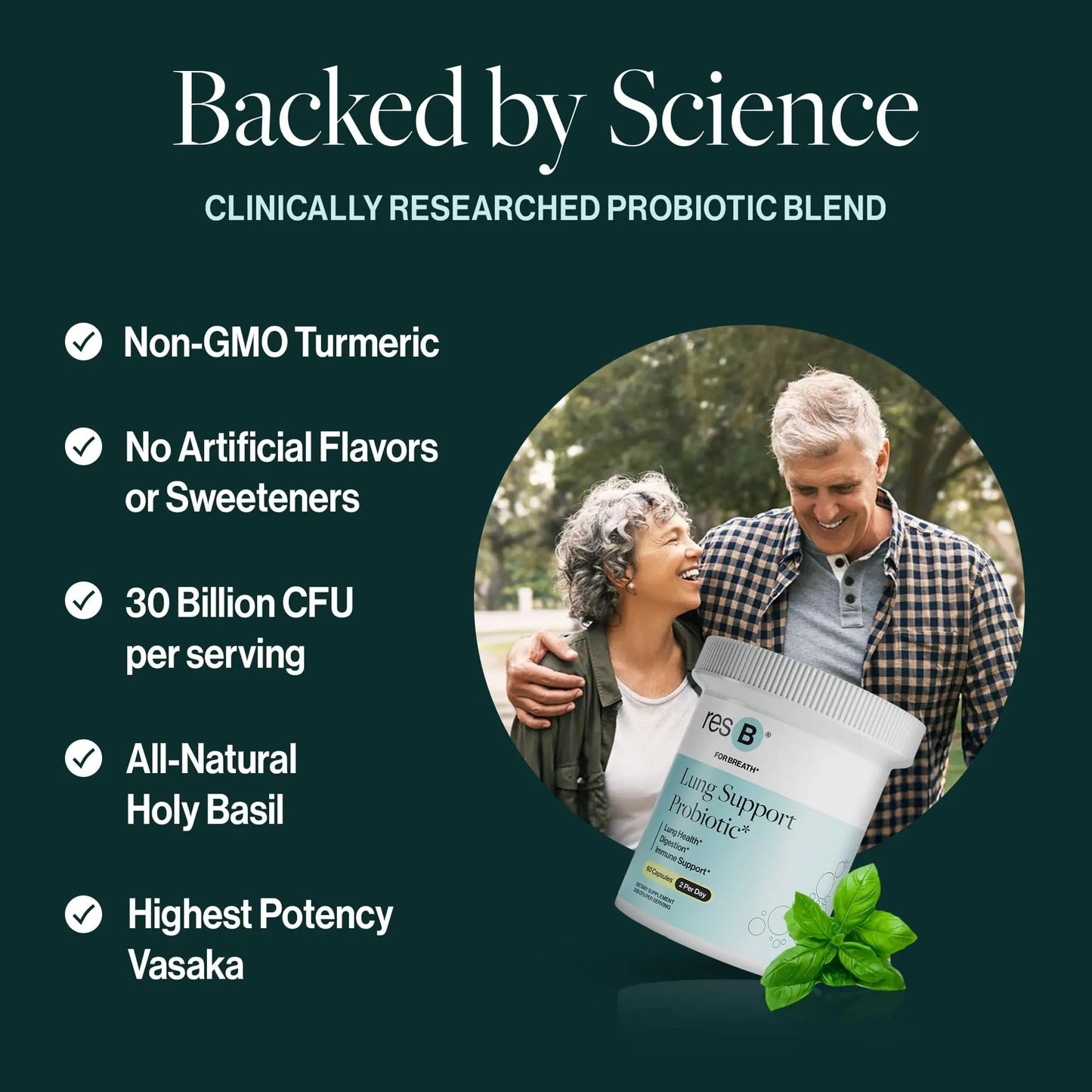 resB Lung Support Probiotic Supplement - Lung Health Supplement for Smokers, Gut Health, Immune & Digestive Support, Respiratory Care, Holy Basil & Turmeric, Clinically Trialed - 60 Capsules - Maple Wellness Supplements