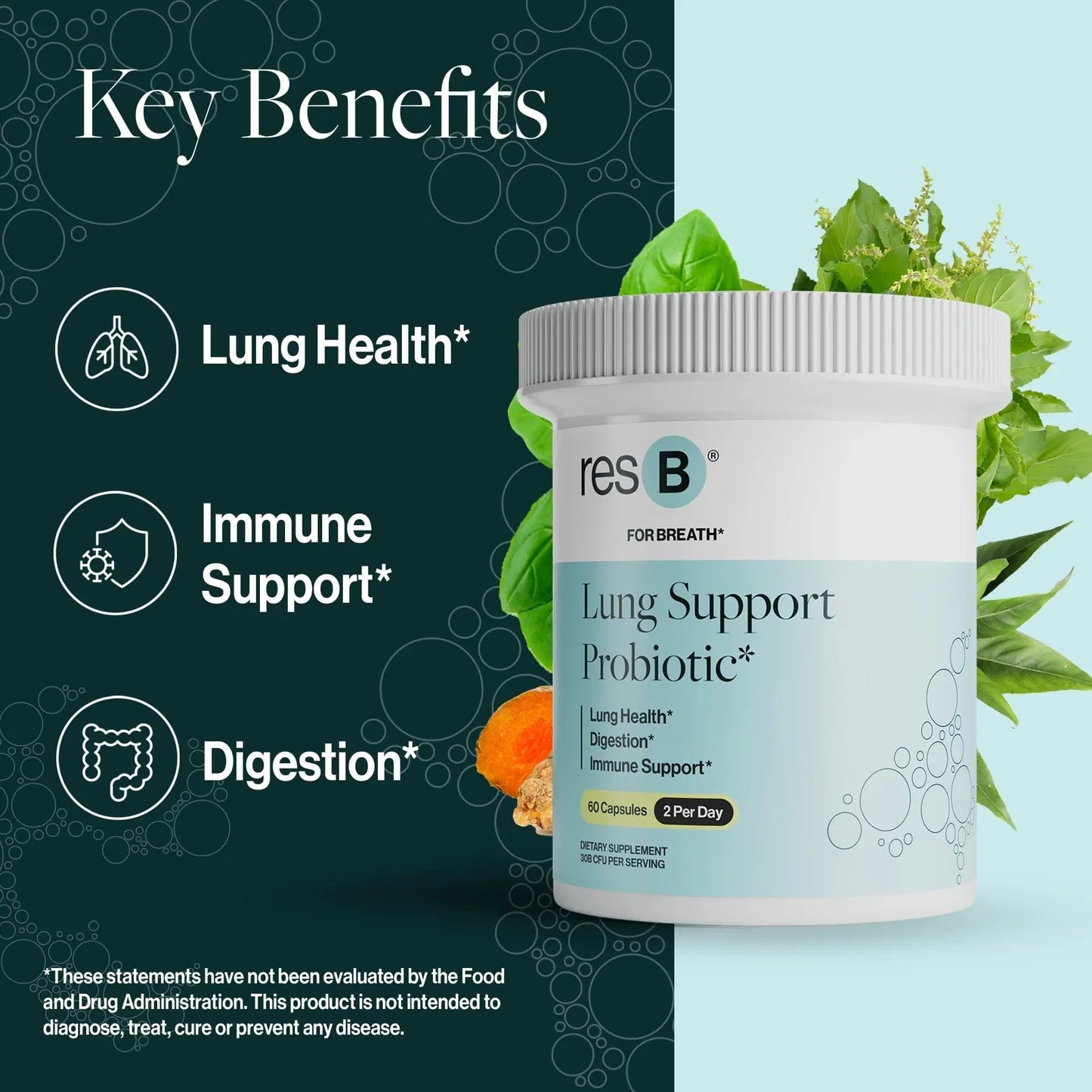 resB Lung Support Probiotic Supplement - Lung Health Supplement for Smokers, Gut Health, Immune & Digestive Support, Respiratory Care, Holy Basil & Turmeric, Clinically Trialed - 60 Capsules - Maple Wellness Supplements